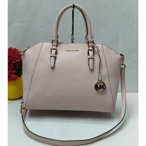 Michael Kors Ciara Pink Crossgrain Leather Zipper Double Handles Satchel Bag
